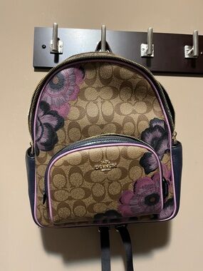 Coach Floral Signature Court Backpack - Brown/Purple/Navy